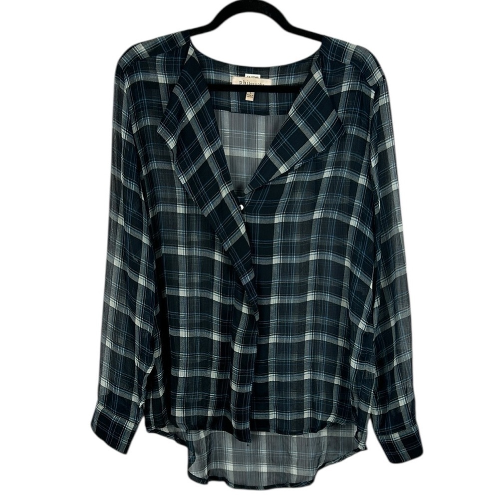 Philosophy Sheer Plaid V Neck Long Sleeve Button Down High Low Shirt Large Blue